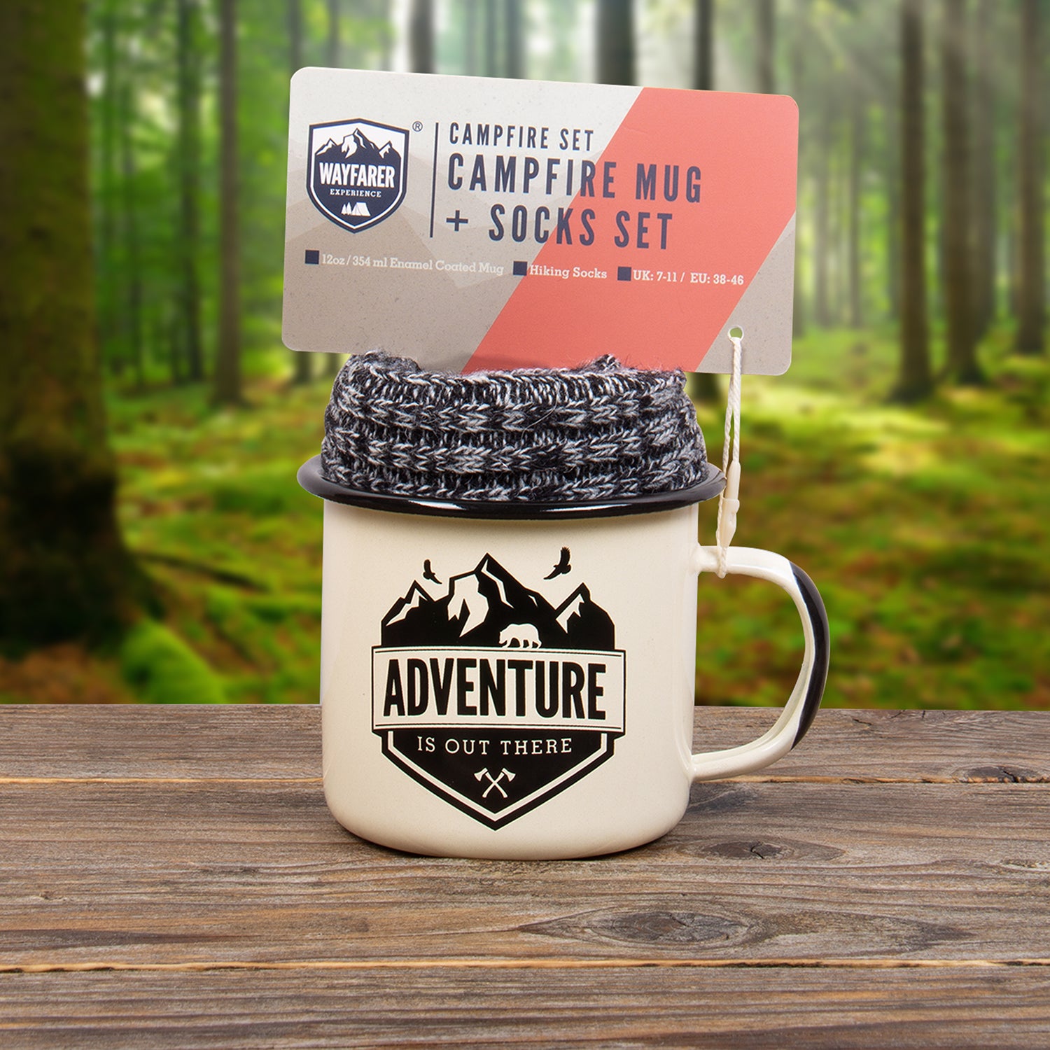 Campfire - Emaille Becher und Wandersocken Geschenkset